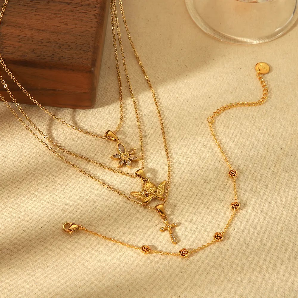 1 pair of exquisite and fashionable  gold-plated stainless steel angel cross flower pendant necklace for women's jewelry for daily wear